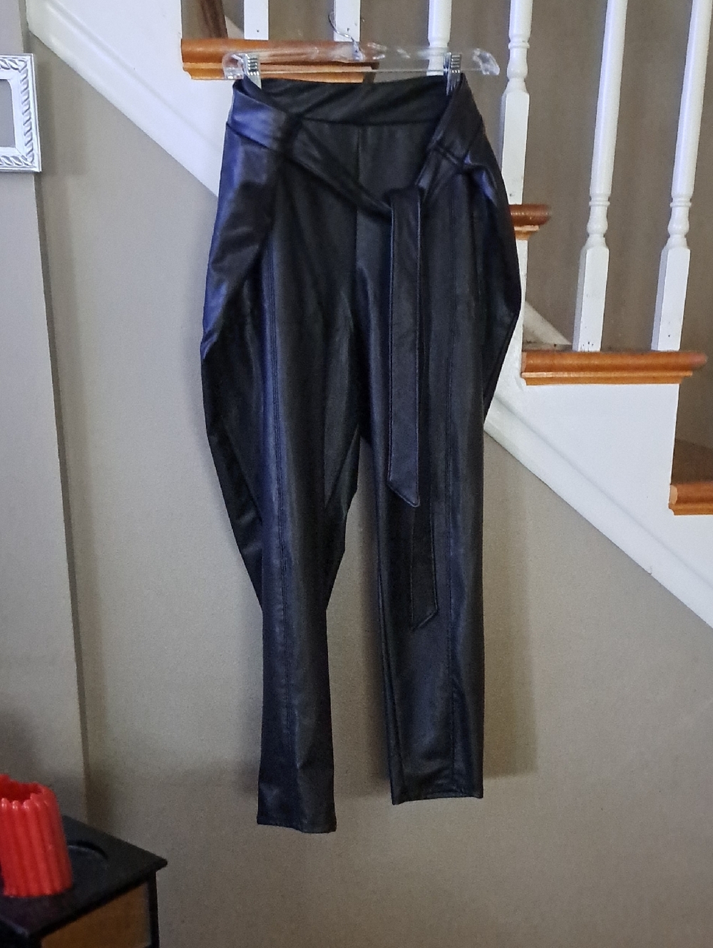 High-Waist Black Faux Leather Paperbag Skinny Pants with Tie